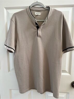 Men's Open Edit Beige Short-Sleeve Henley Polo